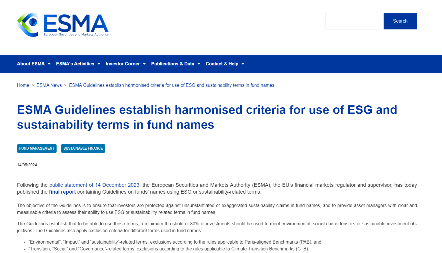 🌱 New ESMA Guidelines on ESG Terminology in Fund Names 🌍